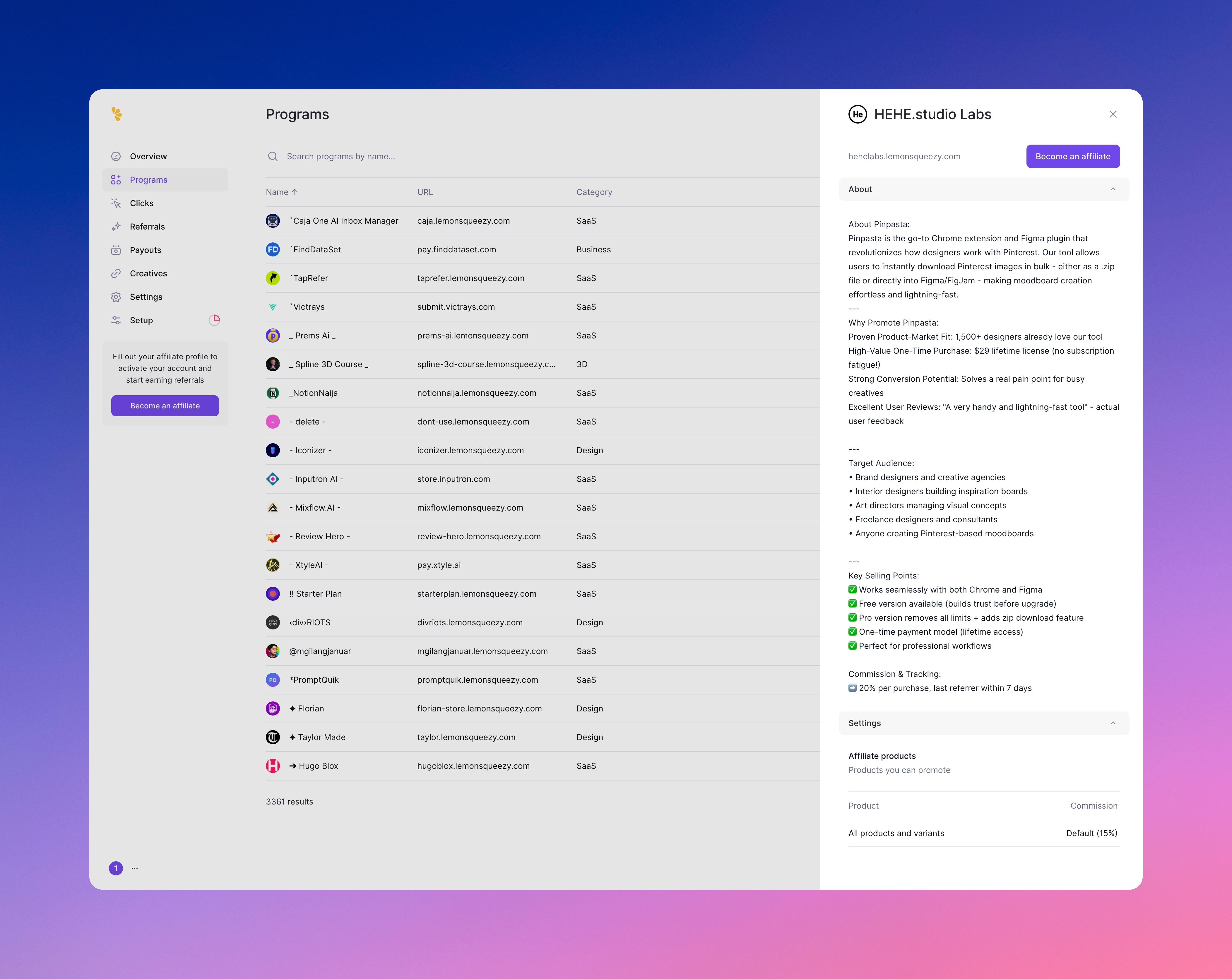 Affiliate signup screenshot